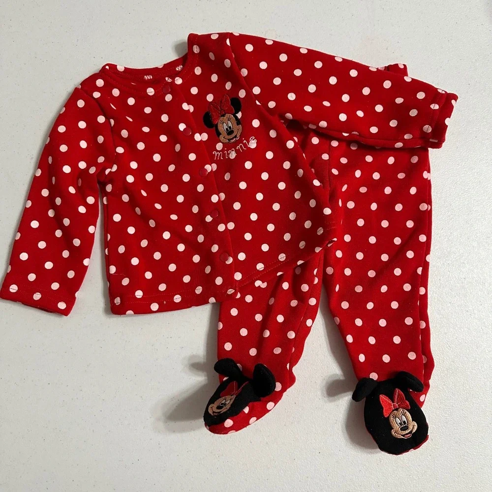 Disney Baby Minnie Mouse Polka Dot Fleece Pajama Set Footed Pants Red White 3/6M